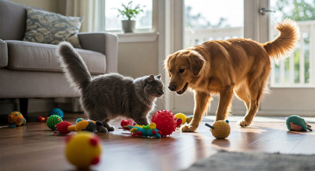 dog and cat playing